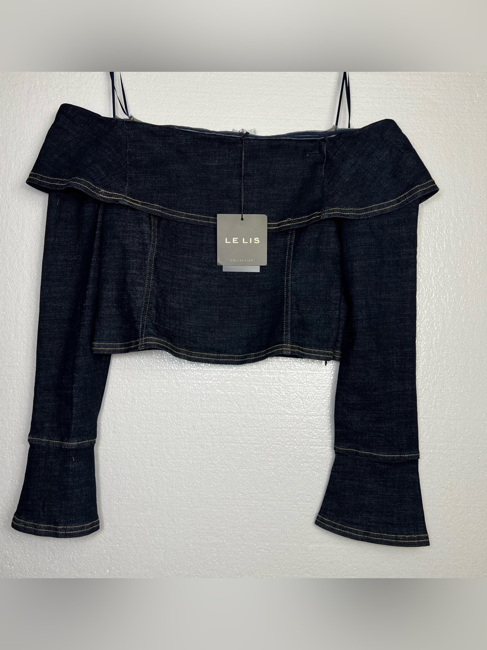 Le Lis off shoulder dark wash denim top size M NWT